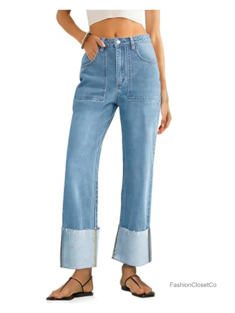 High Waisted Baggy Cuffed Wide Leg Boyfriend Jeans with Deep Pockets